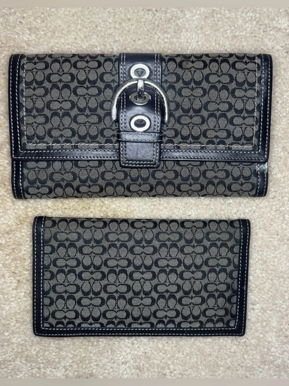 Vintage Coach Soho Black Signature C Canvas Trifold Wallet Checkbook Set Y2K